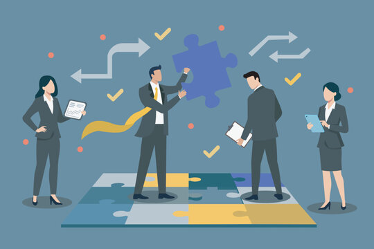 Business Team Assembling Jigsaw Puzzle Solution Concept Vector, Business Teamwork and Synergy Concept