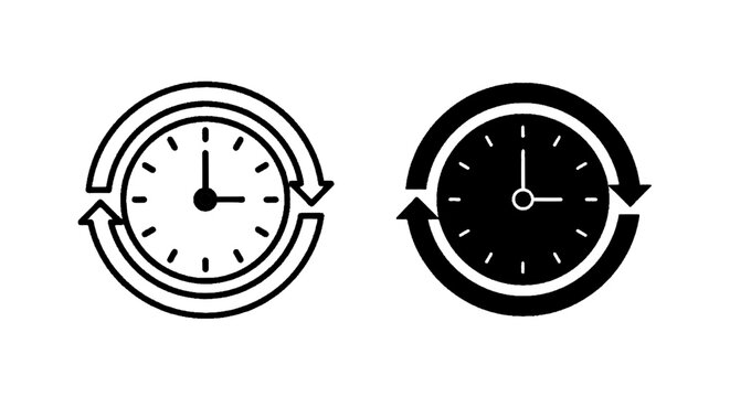 Minimal black silhouette icon, simple flat vector, bold black shape, no, no shading clock icon with circular arrows, time management and recurring event symbol on a, flat icon style