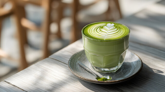 Matcha green tea latte in a glass cup on a wooden table in a cafe