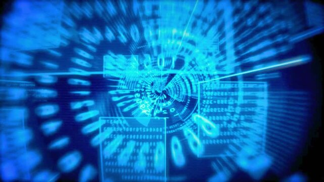 Blue digital circuit board with glowing neon numbers and codes flowing in a spiral pattern