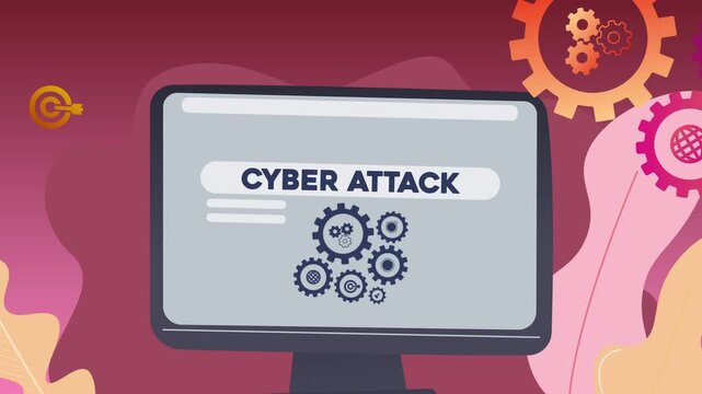 A computer screen displaying the text &ldquo;Cyber Attack&rdquo; and illustrations of gears