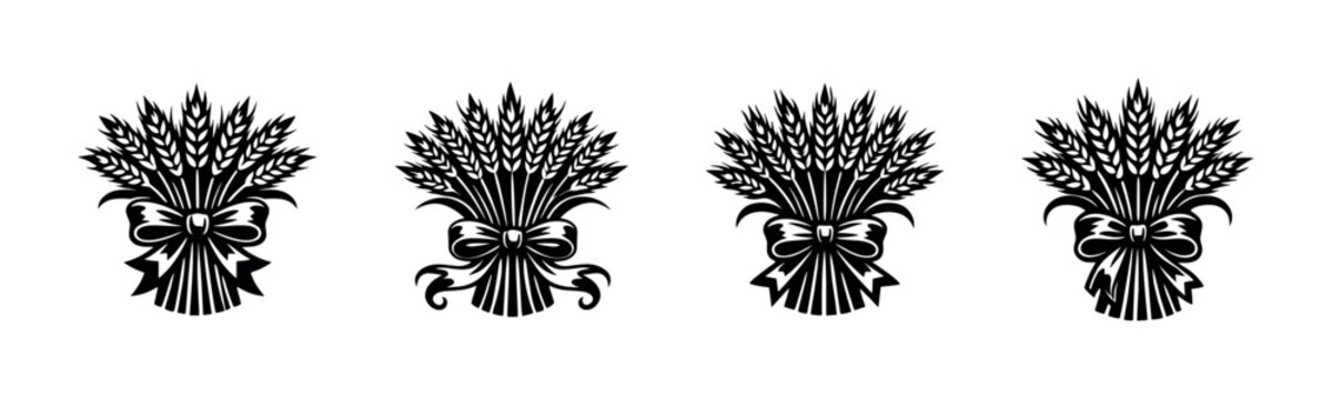 Collection of stylized wheat sheaf icons with bows and ribbons