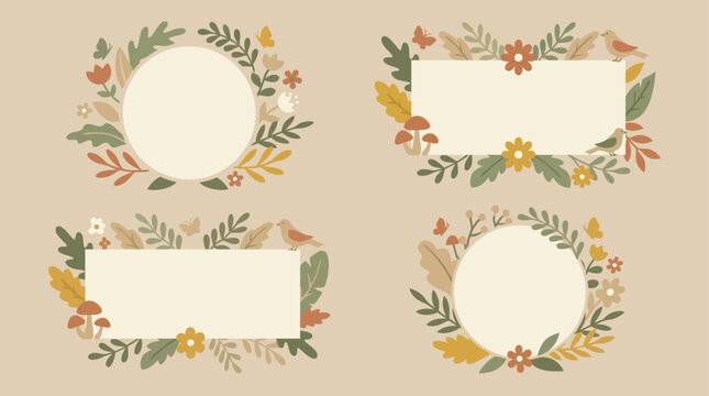 Autumn leaves and flowers decorate four circular frames on beige