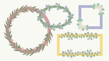 Obraz premium Floral wreaths and frames with leaves and flowers on a plain background