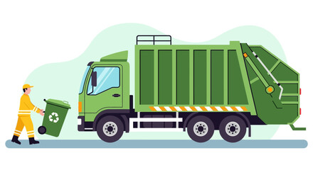 Man in uniform empties trash can into large green garbage truck on street © Fendi
