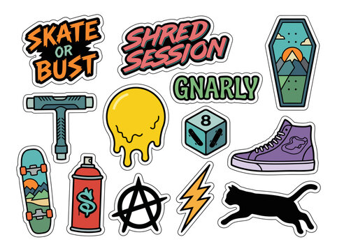 Vibrant collection of colorful skateboard themed stickers featuring text slogans and various retro graphic elements