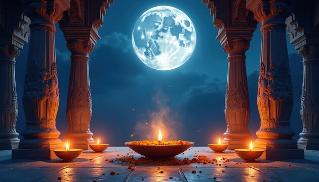 Indian temple architecture with ornate columns frames a full moonlit night sky. Diyas lamps glow with warm light. Festive celebration atmosphere in ancient India.