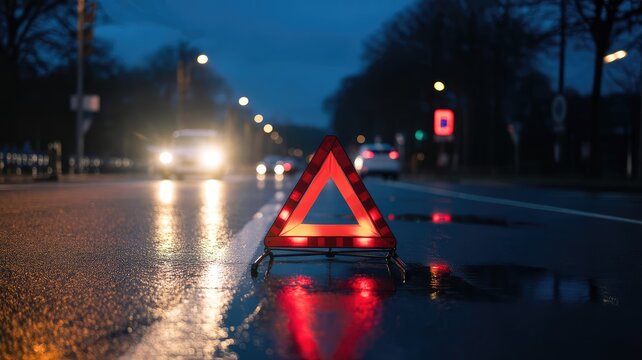 Bright red reflective emergency warning triangle stands on a wet asphalt surface during a dark and rainy evening night scene