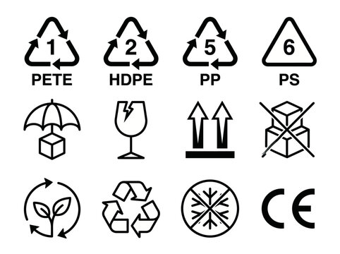 Set of black shipping and recycling icons featuring clear symbols for packaging and environmental safety standards.