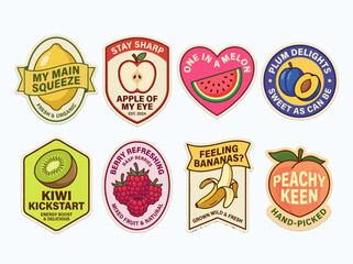 Naklejka premium Colorful set of vintage style fruit stickers featuring various healthy snacks with playful text slogans