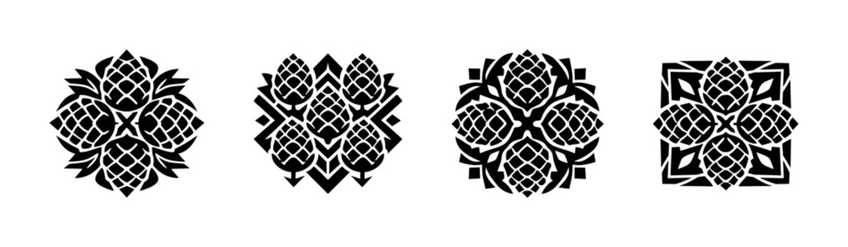 Set of four black and white stylized hop cone emblems with symmetrical designs