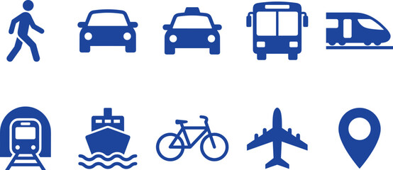 Transportation icon vector set travel traffic map navigation vehicle pedestrian car taxi bus train subway ship bicycle airplane © PUTUL