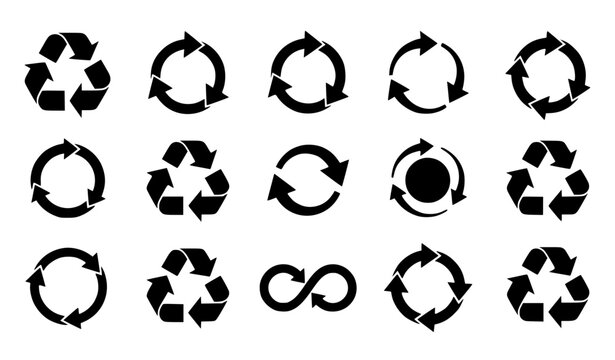 Recycling and Circular Economy Icon Set Featuring Recycle Symbols, Loop Arrows, Sustainability Signs, Renewable Resource Concepts, and Environmental Conservation Graphics