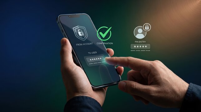 Secure mobile payment authentication, user confirming transaction with PIN entry on smartphone screen, digital banking security concept with shield and checkmark icons