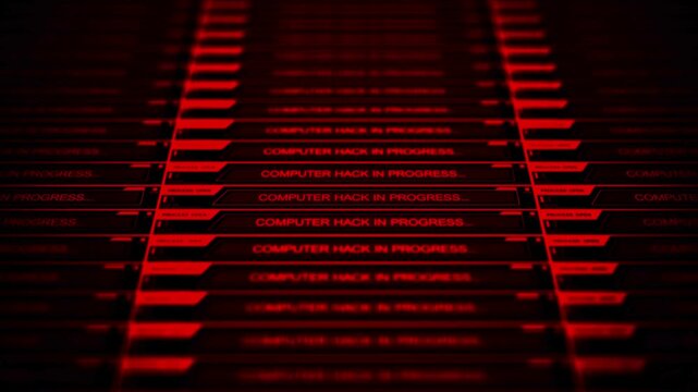 Computer hack in progress red text on black background cyber attack simulation