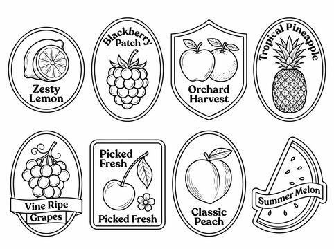 Collection of hand drawn vintage fruit label designs featuring clean black lines on white background