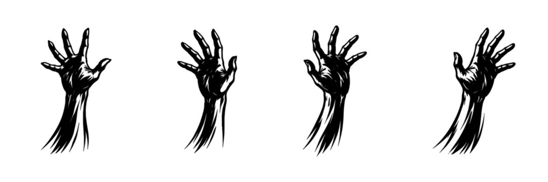 Four reaching hands in a dramatic black and white illustration style
