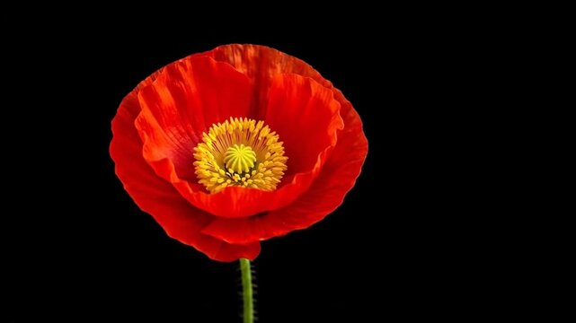 A single vibrant red poppy flower isolated against a solid black background