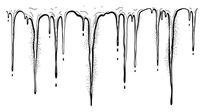 Dripping liquid silhouettes and melting icicles with stippled texture in hand drawn ink style