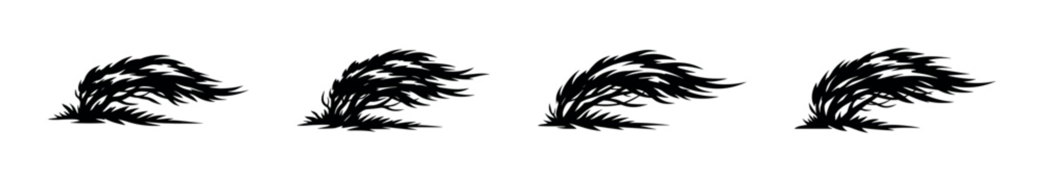 Black silhouette of windblown grass in a row on a white background