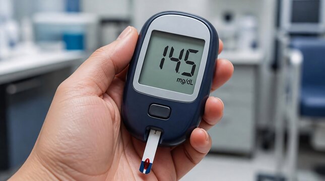 Close up of person checking blood glucose levels with glucometer in clinical setting.