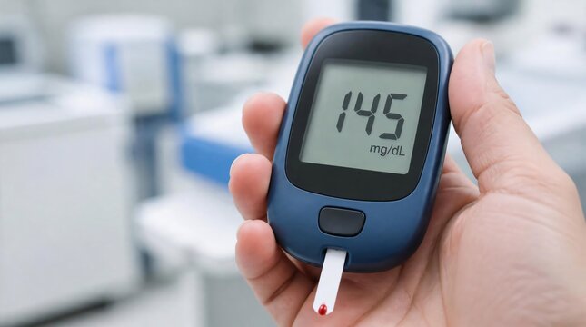 Close up of person checking blood glucose levels with glucometer in clinical setting.
