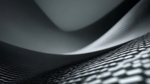 Abstract 3D background featuring smooth metallic waves and geometric mesh patterns in monochrome tones. Modern digital art design with futuristic and minimalistic aesthetics