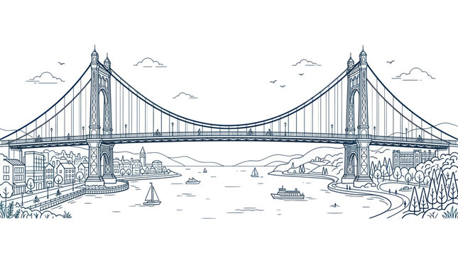 Suspension bridge spanning a river with city and nature landscape