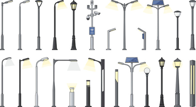 Street light poles set, modern city lampposts, solar panel lights and vintage lanterns vector illustration