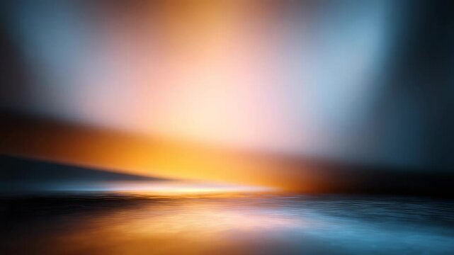 Soft gradients of orange and blue light create a dreamy, ethereal atmosphere on a glossy floor. This abstract digital art background is perfect for technology, design, or creative projects