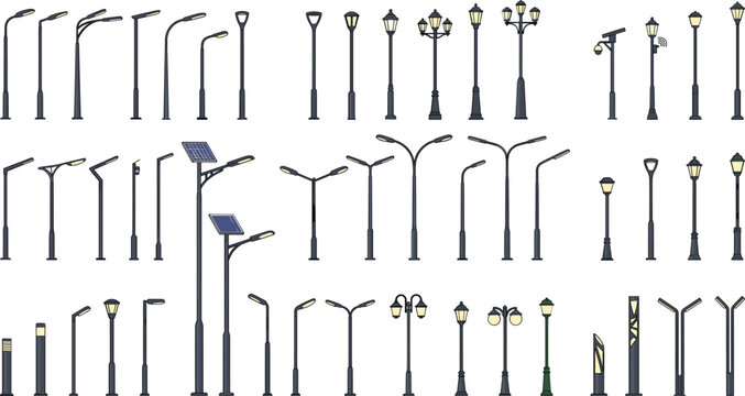 Street light poles collection, modern city lampposts, solar powered lights and vintage lanterns vector illustration