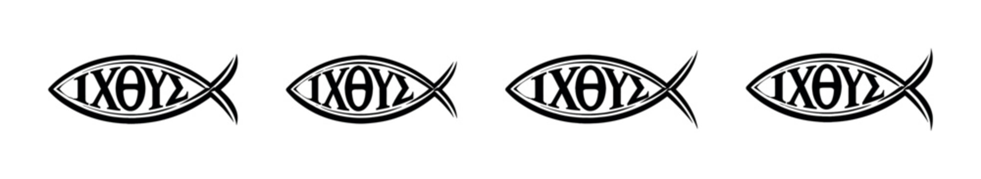Four Christian Ichthys fish symbols in a row, representing faith and early Christianity
