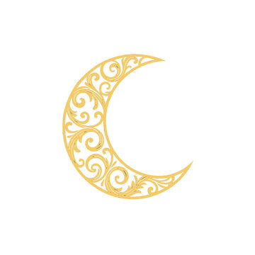 Ornate Golden Crescent Moon Vector Icon, Decorative Swirl Pattern Isolated on Transparent Background for Islamic Design and Spiritual Symbolism