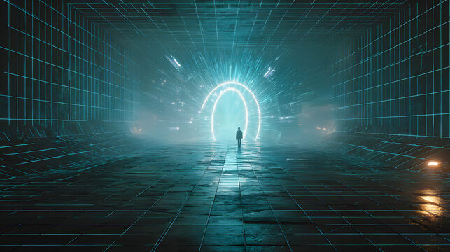 Person approaches glowing portal in futuristic cyberpunk interior with holographic grid lines