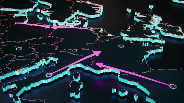 Glowing digital map of Europe with arrows on dark background