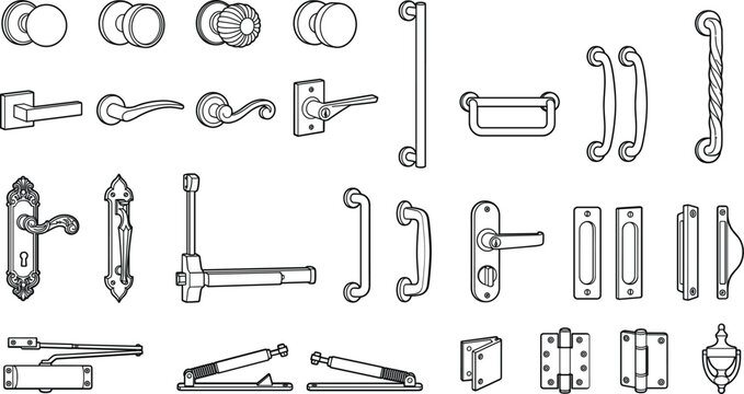 Door hardware icons set, metal handles, hinges, knobs and closers vector outline linear illustration collection