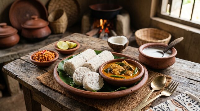 Traditional Sri Lankan Pittu with Curry and Coconut Milk Rustic Authentic Food Photography