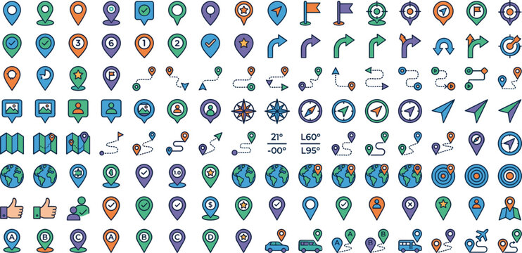 Map pin icons set, navigation location pointers, route markers, globes and compass vector illustration collection
