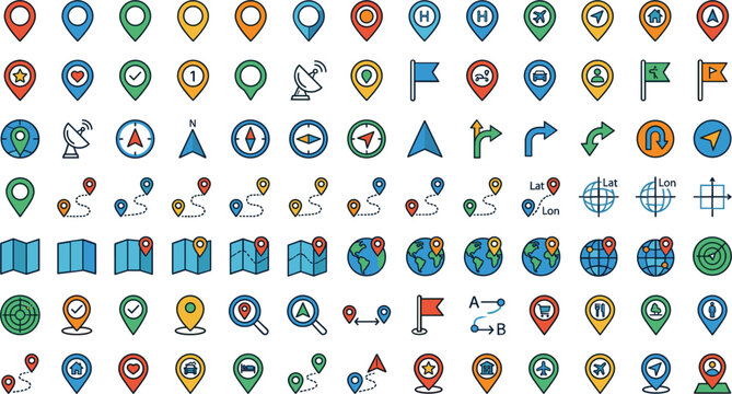 Map pin icons set, navigation location pointers, route markers, globes and compass vector illustration collection