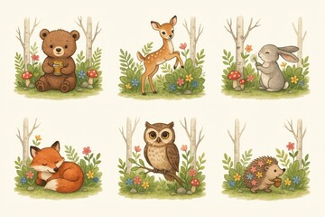 Naklejka premium Set of six square featuring cute woodland animals like a bear, deer, rabbit, fox, owl, and hedgehog in forest scenes with trees