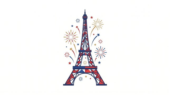 Simple geometric Eiffel Tower icon decorated with tiny festive fireworks accents, flat vector style, balanced proportions, isolated on white background.