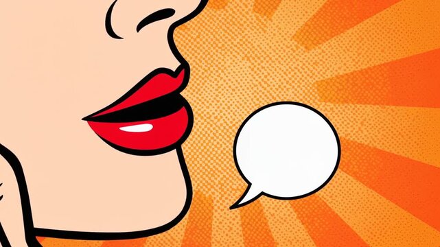 Panning shot of woman whispering with red lips and speech bubble over retro pop art halftone background comic panel close up