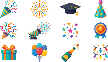 Party and celebration flat icons set, birthday confetti, balloons, graduation hat and fireworks vector illustration © Akramul
