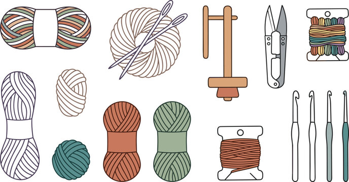 Flat vector knitting crochet craft icon set featuring yarn skeins wool balls thread spools tapestry needles thread snips lucet fork crochet hooks isolated on white background