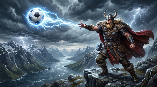 Dynamic Norse mythology digital artwork depicting armor clad futuristic viking warriors charging through an