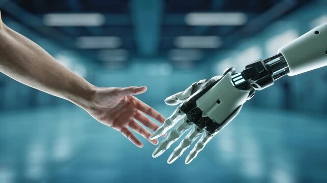 Hand of human and robot touching each other in blue room with lights
