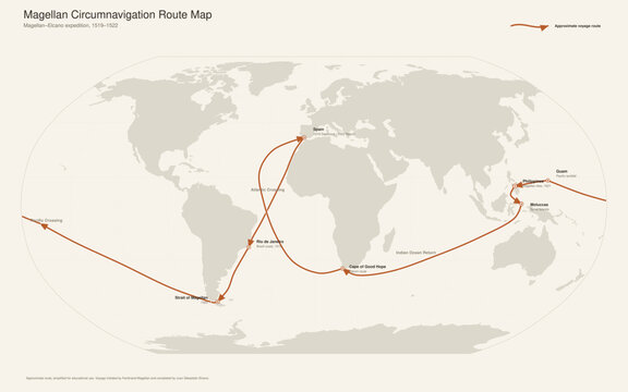 Magellan Elcano circumnavigation route vector map (Robinson projection, PPT-compatible & fully editable, 1519-1522, historical world voyage)