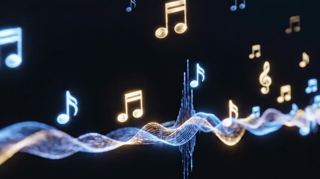 Colorful musical notes floating above a dynamic sound wave, illustrating the rhythm and flow of music in a visually engaging digital representation