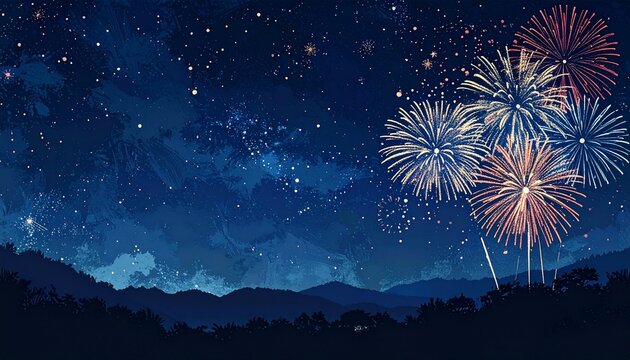 濃紺の背景の右下隅に、浴衣の柄を思わせる花火のシルエットイラストが配置されている。
和柄を意識した繊細なデザインが、夏祭りや日本の季節感を演出する。
広い余白を活かした構図で、ポスターや広告、イベント告知にも使いやすい。
和風デザイン、花火大会、夏祭り、季節素材に適したグラフィック作品。