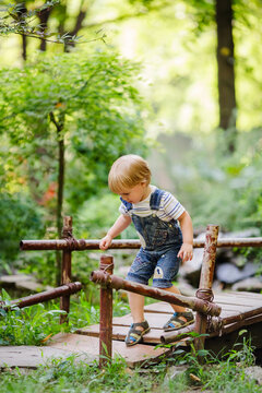 Blond toddler boy in denim overalls walking on wooden bridge among green plants in summer garden.